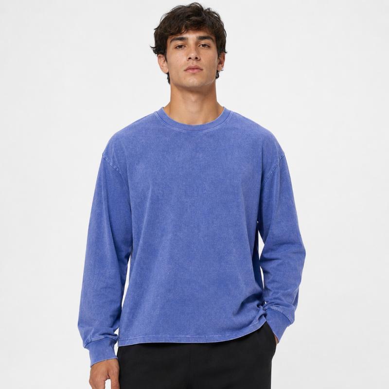 Men's Long Sleeve Crew Neck T Shirts 1/4 Pack, Vintage Washed Casual Tops, Pure Cotton Basic Shirts, Distressed Retro Style Tees, Loose Fit Pullover Clothing, Daily Wear Essential, Streetwear Inspired Fashion Outfit