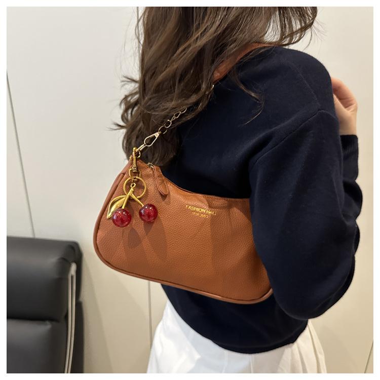 Women's Viral Cherry Charm Synthetic Baguette Bag - Cute Mini Shoulder Bag with Gold Chain, Ideal for Brunch, Date Night, Crossbody Daily Use
