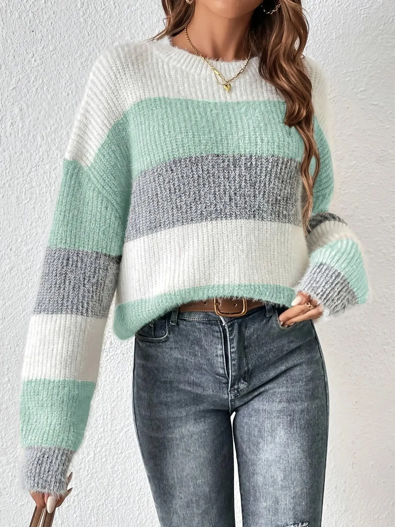 Women's Fall Winter Colorblock Striped Round Neck Knit Pullover, Long Sleeve Loose-Fitting Casual Top, Multicolor Crewneck Sweater