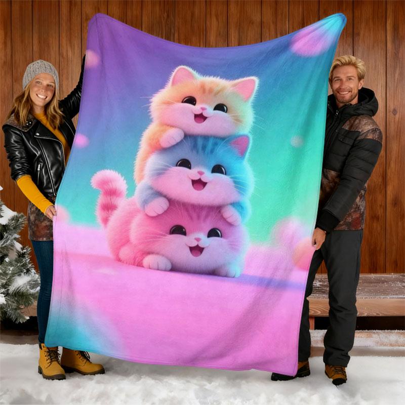 Rainbow Three Cats Pattern Blanket, Soft Warm Plush, Cute Cartoon Design, Home Bedroom Essential, Multi-Purpose