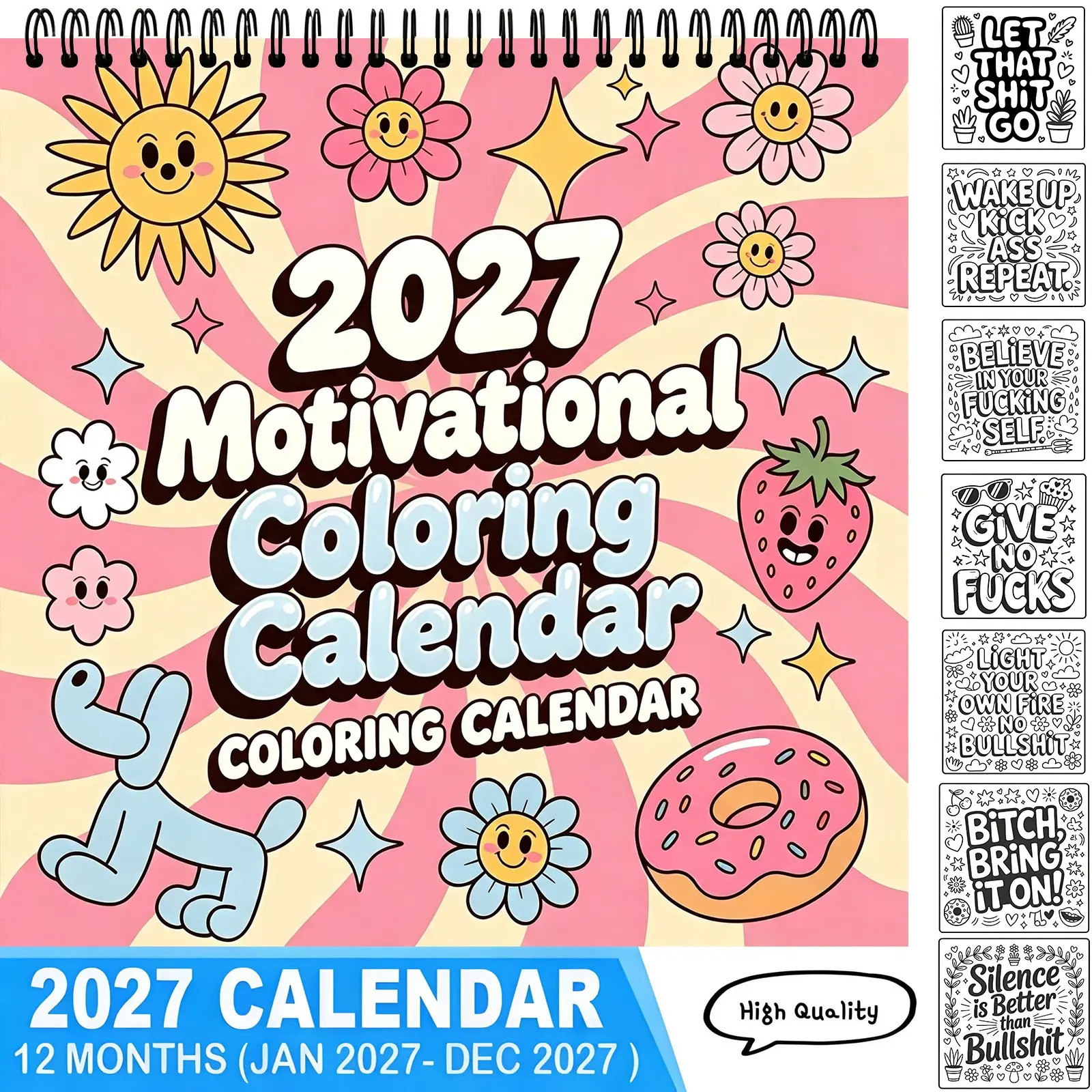 2027 Retro Groovy Sassy Motivational DIY Coloring Wall Calendar 12 Months Swear Word Affirmation Stress Relief Relaxing Hand-drawn Line Art Cute Sun Flower Donut Theme Art Craft Gift for Adults Teens,TikTokMadeMeBuyIt,Coloring Calendar,New Year Calendar