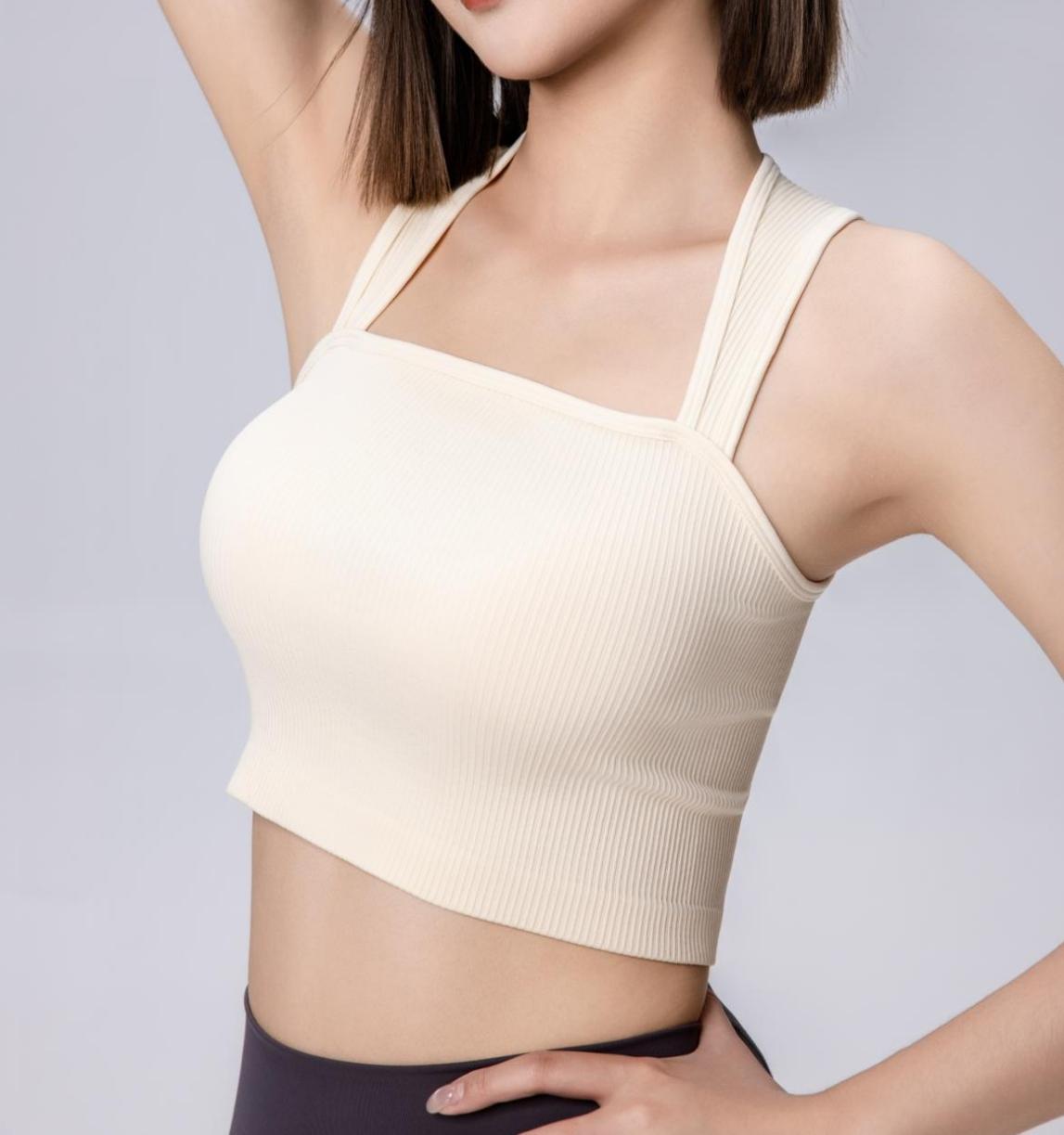 SUNVADUN 481 Sport Tops Strappy Sleeveless Square Neck Stretch Tee Shirts Crop Womenswear 481-Beige Gym Outfit Athletic Style Activewear Gymswear Quick-drying Yoga Daily Wear Training
