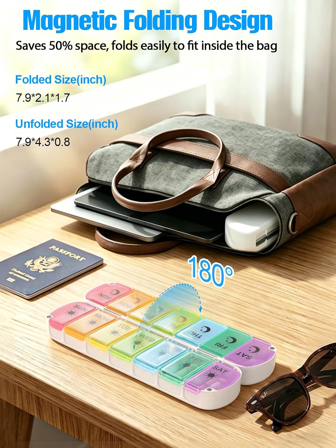 Pill Organizer 2 Times a Day,Foldable Weekly AM PM Pill Case,Large Pill Box | Easy to Open,Never Spill Pills,Magnetic Travel Medicine Pill Organizer 7 Day,Day Night Pill Container for Vitamin Supplement