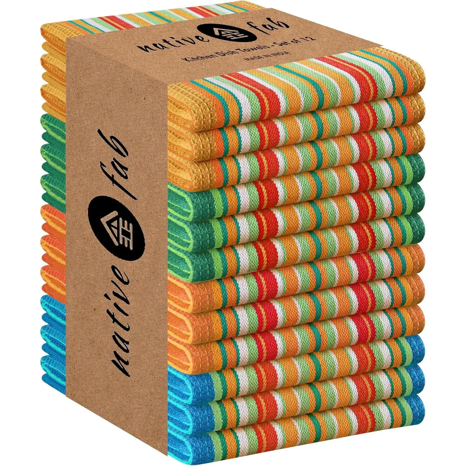 Native Fab 12 Pack Mexican Salsa Stripe Kitchen Towels, 18x28 Inches, Colorful Dishcloth Set, 100% Cotton, Everyday Use, Kitchen Hand Towel for Cleaning, Absorbent, Washable Drying Towels, Assorted