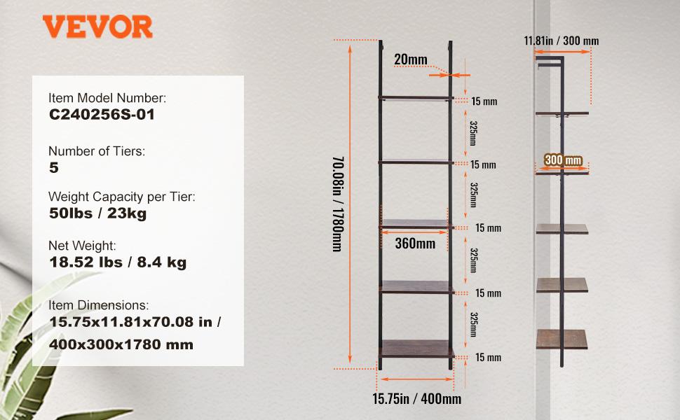 VEVOR Ladder Shelf, 5-Tier Bookshelf 15.6x11.8in, Open Wall-Mounted Ladder Shelf with Metal Frame, Storage Rack Sundries Holder for Kitchen Bedroom Bathroom Living Room, Black VEVOR Ladder Shelf, 5-Tier Bookshelf 15.6x11.8in, Open Wall-Mounted Ladder Shelf with Metal Frame, Storage Rack Sundries Holder for Kitchen Bedroom Bathroom Living Room, Black