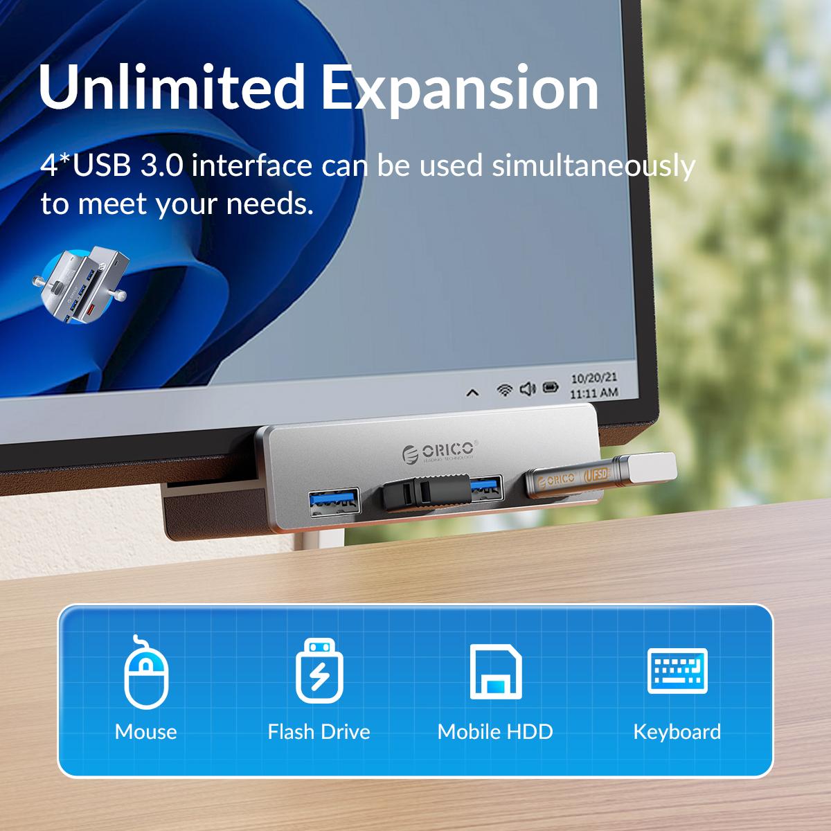 ORICO USB Hub 3.0, Clamp USB Hub with Extra Power Supply Port, Aluminum 4-Port USB Adapter with 3 USB-A Data Ports, USB-C Port for Monitors, Desks-MH4P