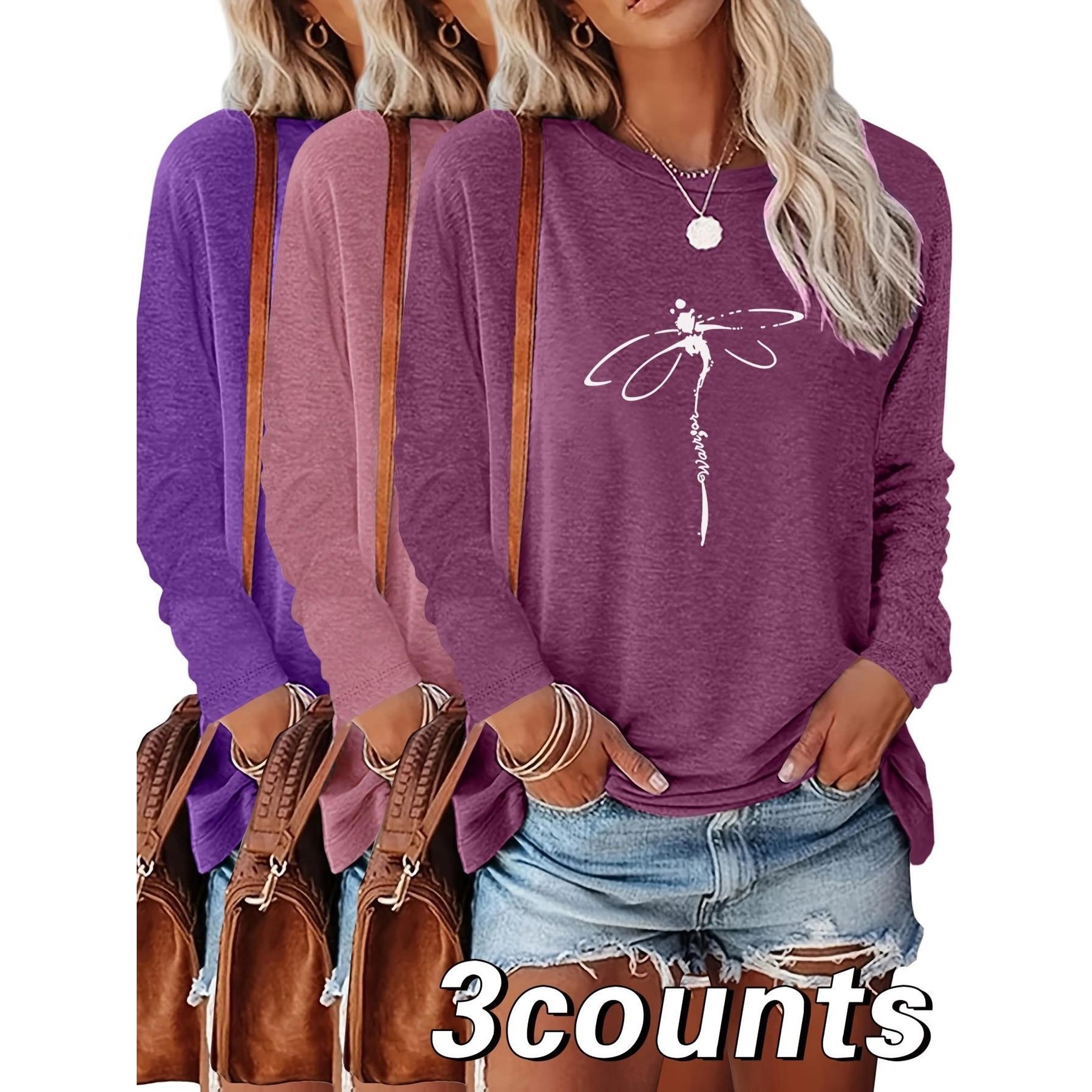 Women's Dragonfly Print Round Neck Tee, Casual Long Sleeve Crew Neck T-Shirt for Summer, Fashion Women's Top for Daily Wear, Everyday