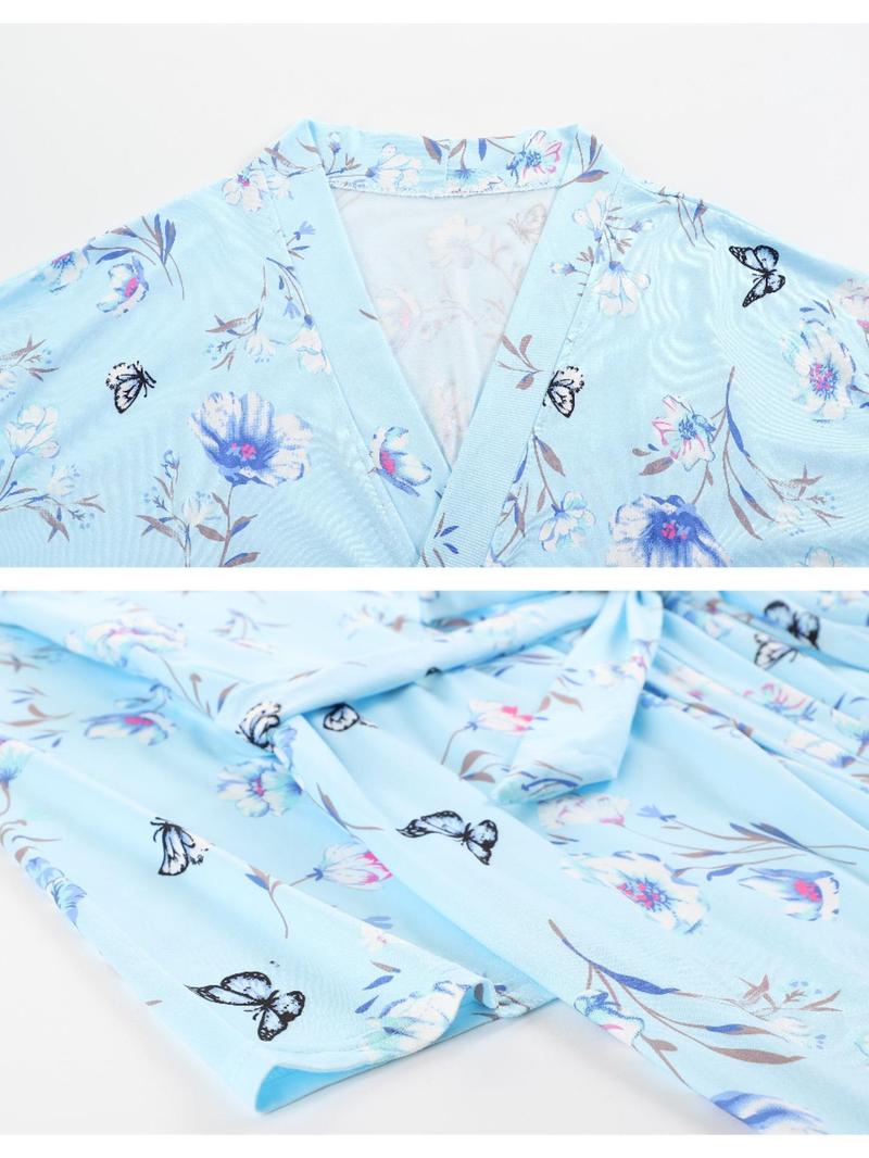 Plus Size Full Floral Butterfly Print Cami Shorts Set, Plus Size Floral Long Sleeve Robe 3 Piece for Spring & Fall, Casual Comfortable Sleepwear