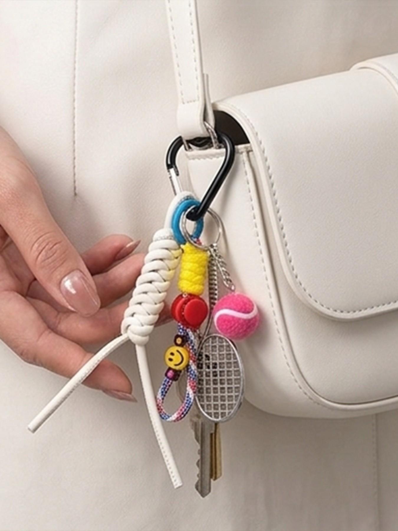 Tennis Woven Bag Charm Keychain, Cute Smiley Face Handbag Pendant, Aesthetic Heart Carabiner Key Ring, Sporty Bag Decor, Perfect Birthday Christmas Gift for Tennis Lovers Women Girls, Trendy Phone Charm for Backpack Tote