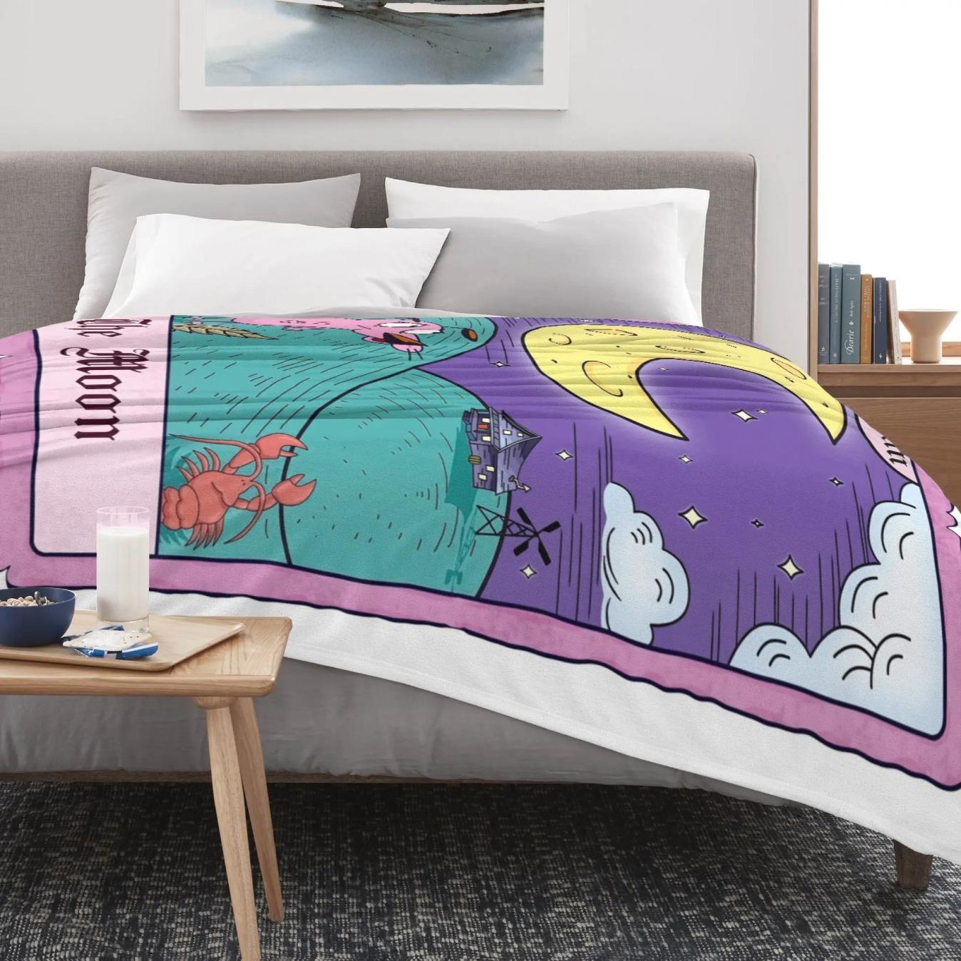 Courage Cowardly Dog Moon Tarot Card Flannel Fleece Blanket Soft Cozy Throw Blanket Retro Cartoon Mystical Gothic Plush Bed Sofa Couch Blanket Halloween Gift Fall Decor for Fans