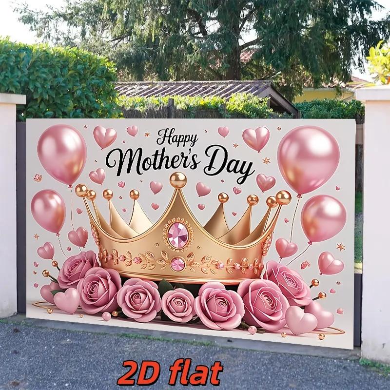 2D flat, "Best Mom Ever" banner, 1 piece Happy Mother's Day photo prop with crown rose background, polyester banner, home room wall decoration, Mother's Day party background decoration, party decoration supplies gifts, 2D flat