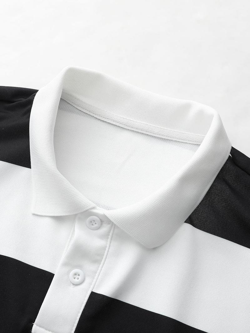 Women's Oversized Black & White Striped Polo Shirt, Casual Long-sleeve Collared Top, Y2K Streetwear Style, Perfect for Daily Street Outings & Coffee Dates Women's Oversized Black & White Striped Polo Shirt, Casual Long-sleeve Collared Top, Y2K Streetwear Style, Perfect for Daily Street Outings & Coffee Dates