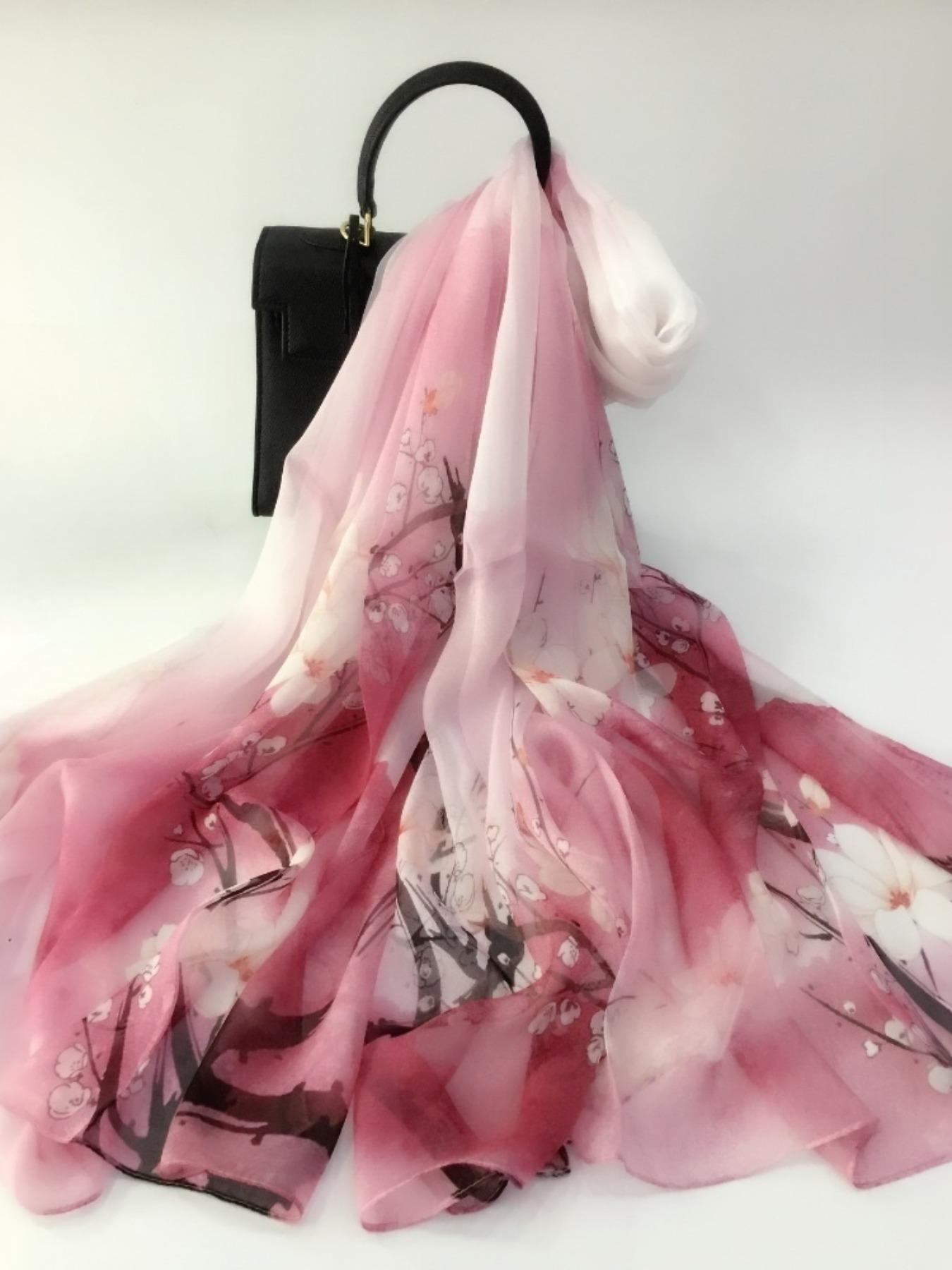 175cm*110cm Printed Silk Shawl for Women, High-End Silk Scarf, Lotus Pattern, 100% Mulberry Silk, Soft and Breathable, Ideal Gift