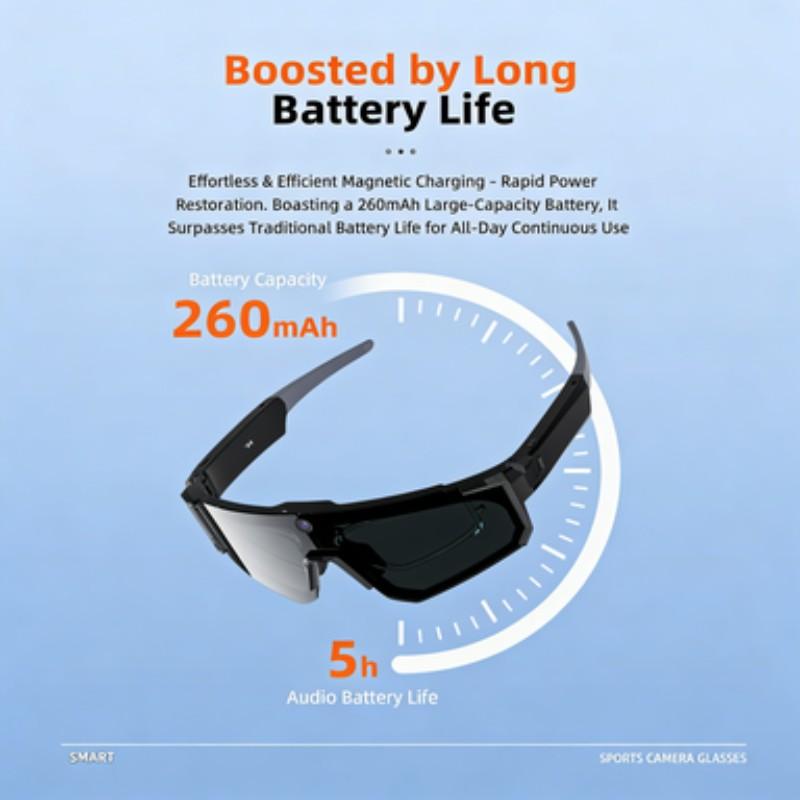 Smart Sports Glasses with Camera, 2K Photo/1200P Video Recording Wearable Glasses, IP54 Waterproof Multifunctional Wireless Audio Bluetooth Glasses with Headphone, Outdoor Sports Polarized Sunglasses with AI Voice Assistant, UV Protection Eyeglass
