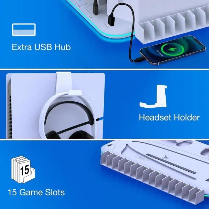 PS5 Stand with Cooling Station and Controller Charging Station for PlayStation 5 Slim Console, PS5 Controller Charger, Cooling Stand, Dynamic Light, Headset Holder for PlayStation 5 Accessories, White