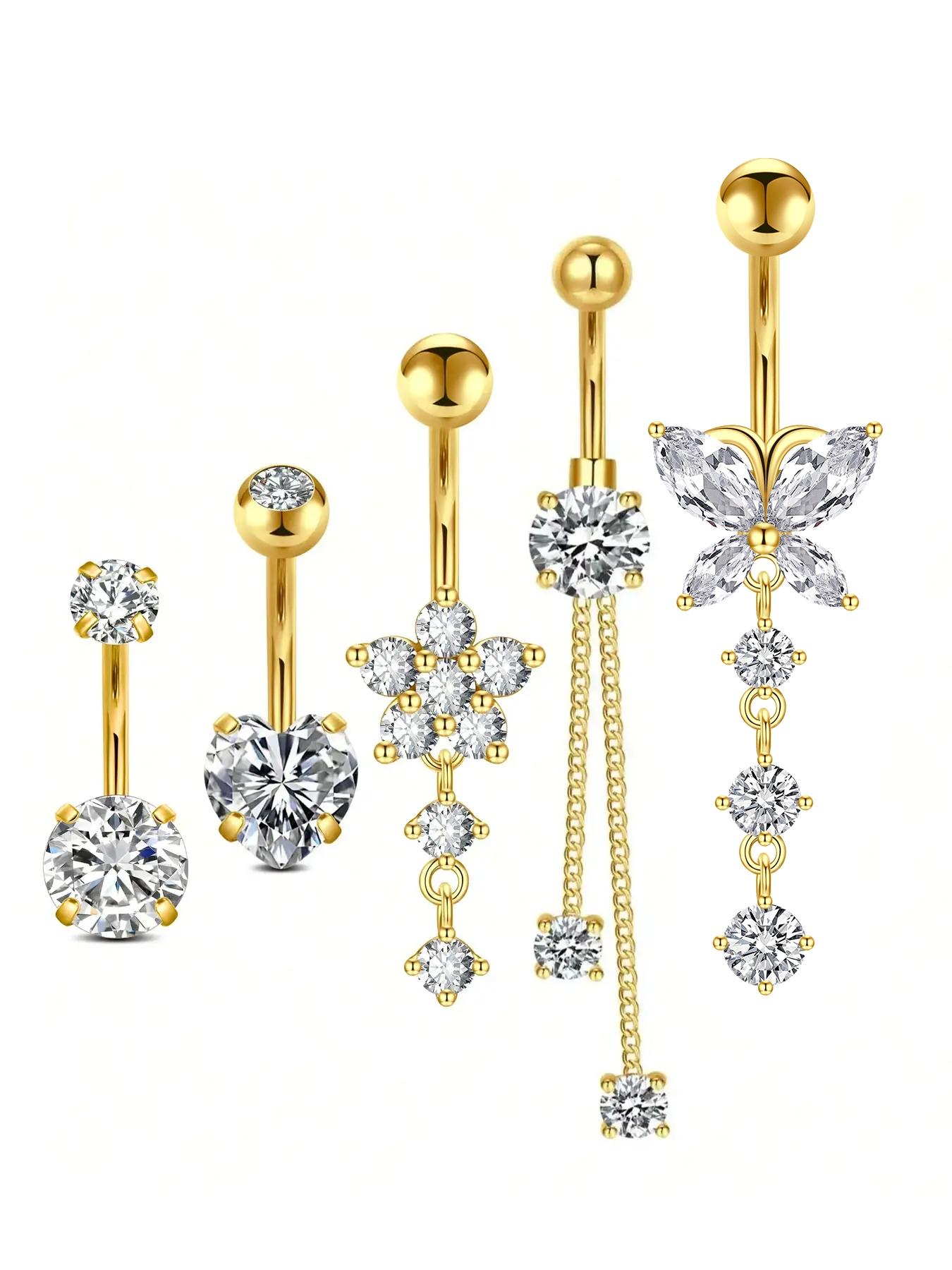 Casual Rhinestone Decor Butterfly & Flower & Heart Design Belly Button Ring, Navel Piercing Body Jewelry, Classic Fashion Accessories for Party, Club, Belly Hoops