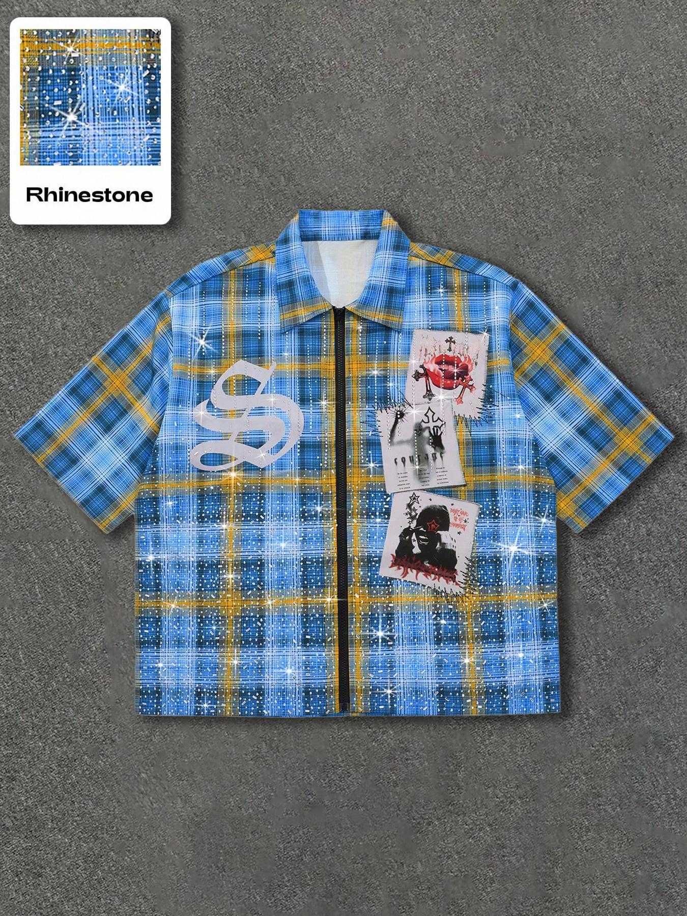 Men's Gothic Print Sequins Plaid Casual Button Shirt, Street Style Fitted Woven Fabric, All Seasons Fashionable Design
