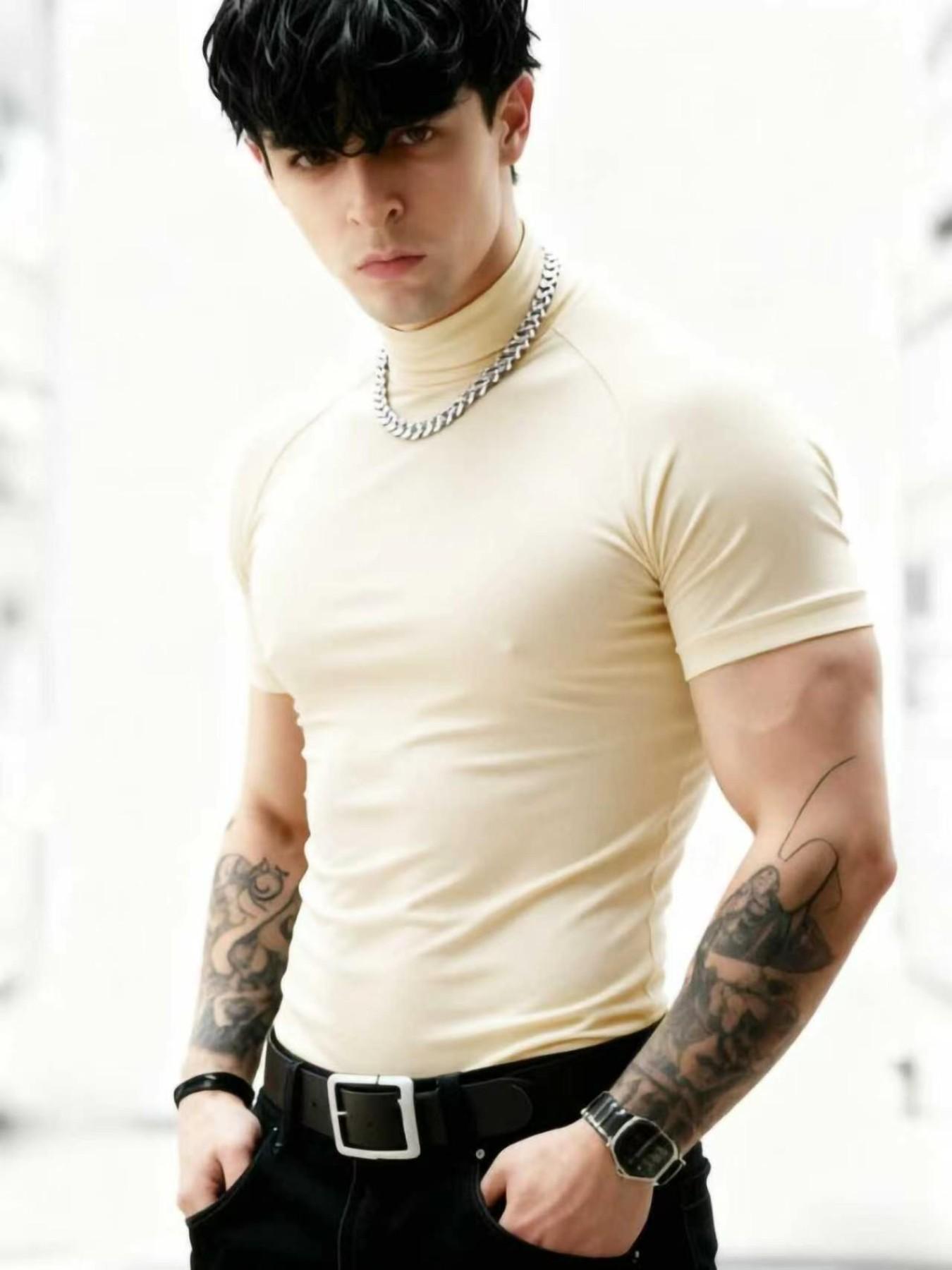 Men's Professional Fitness High Neck T-Shirt, Sporty Style, High Elasticity, Quick-Dry, Breathable, Slim Fit, Ideal for Gym Training