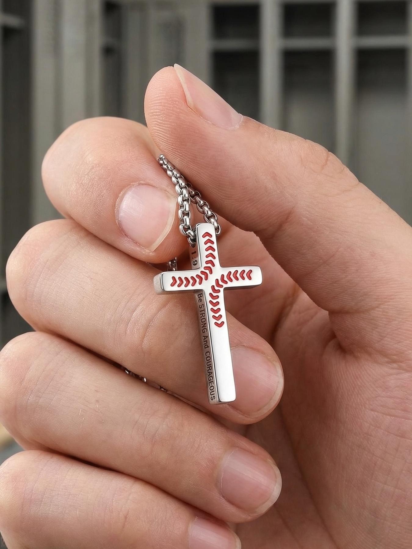 Cross Necklace with Bible 1:9 Verse Cross Pendant, 316L Stainless Steel Chain / Religious Gift for Boys and Men / Fade-Resistant / Baseball / Festival / Party / Ideal Gift
