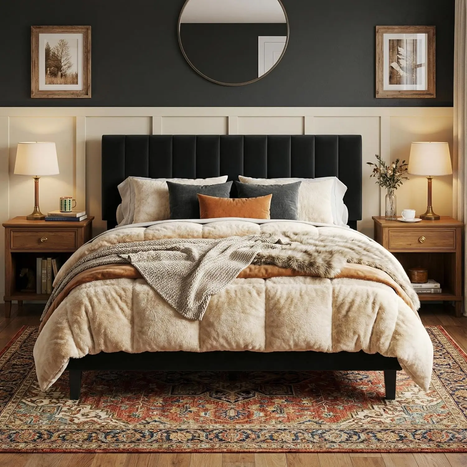 Velvet Upholstered Queen Sized Bed Frame - Full/King Sizes Available, Adjustable Vertical Channel Tufted Headboard, Sturdy Black Construction, No Box Spring Needed, Easy Assembly, Bed Frames, Queen Bed Frame