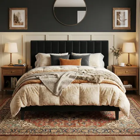 Velvet Upholstered Queen Divan Bed Frame - Full/Queen/King Sizes, Adjustable Vertical Channel Tufted Plush Foam Headboard, Sturdy Black Build, No Box Spring Needed, 1000 lbs Weight Capacity, Simple Assembly Required, Bedroom Furniture
