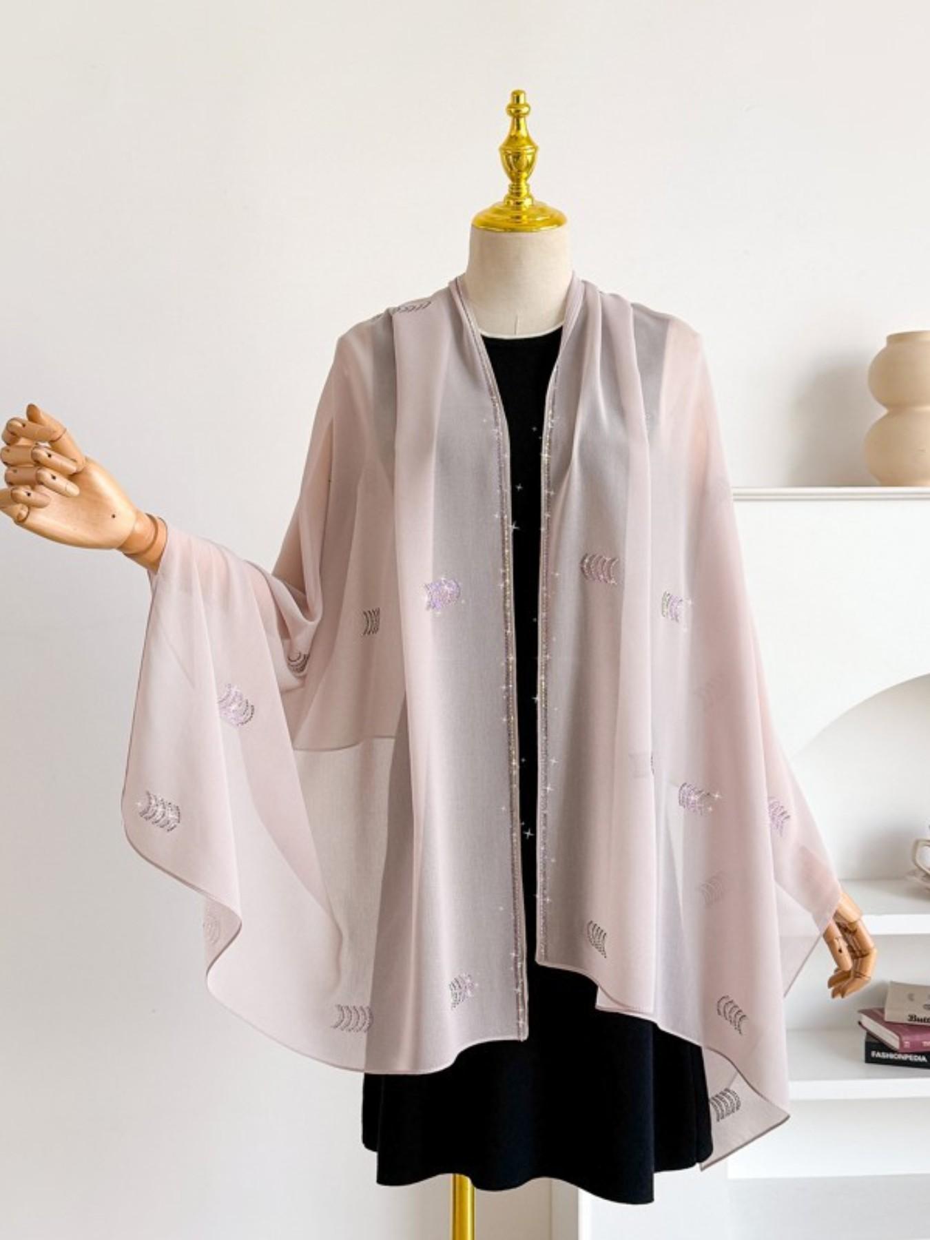 Single Piece Multi-Functional Plain Color New Arcuate Rhinestone Chiffon Long Scarf, Pearl Embellished Sun Protection Shawl, Ethnic Headscarf