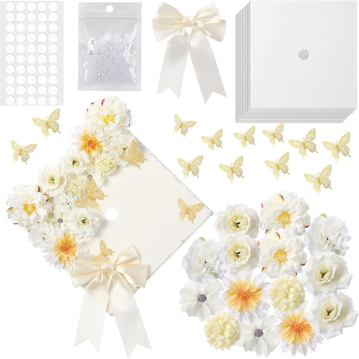 41 Pcs Beige DIY Graduation Cap Decoration Kit, Grad Cap Decorations Grad Hat Topper Faux Assorted Flowers Bows 3D Cream Construction Paper Butterfly Stickers Pearl Adhesive Dots