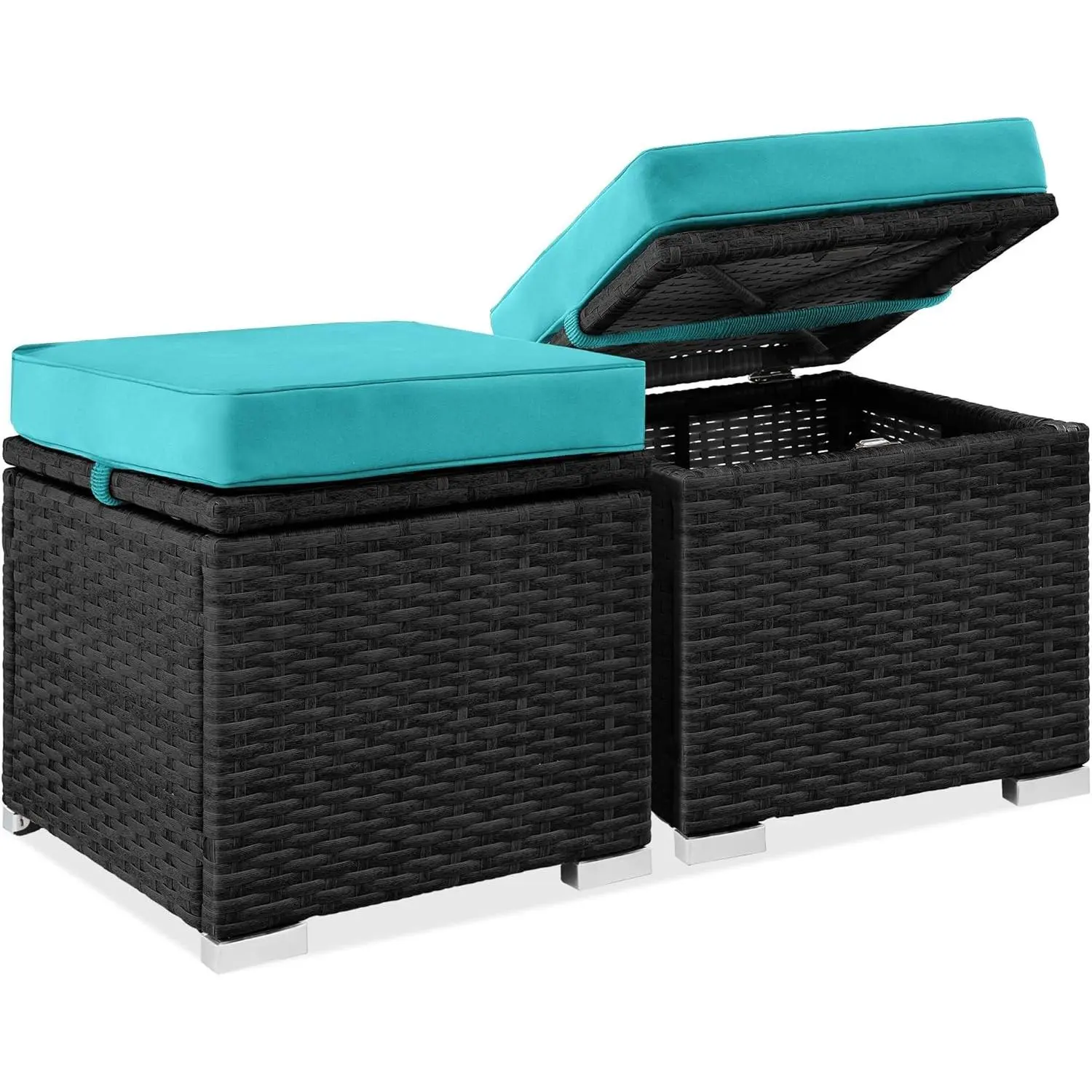 Set of 2 Wicker Ottomans - Multipurpose Outdoor Patio Furniture, Additional Seating and Footrest, Side Table with Storage, Removable Cushions, Black/Teal