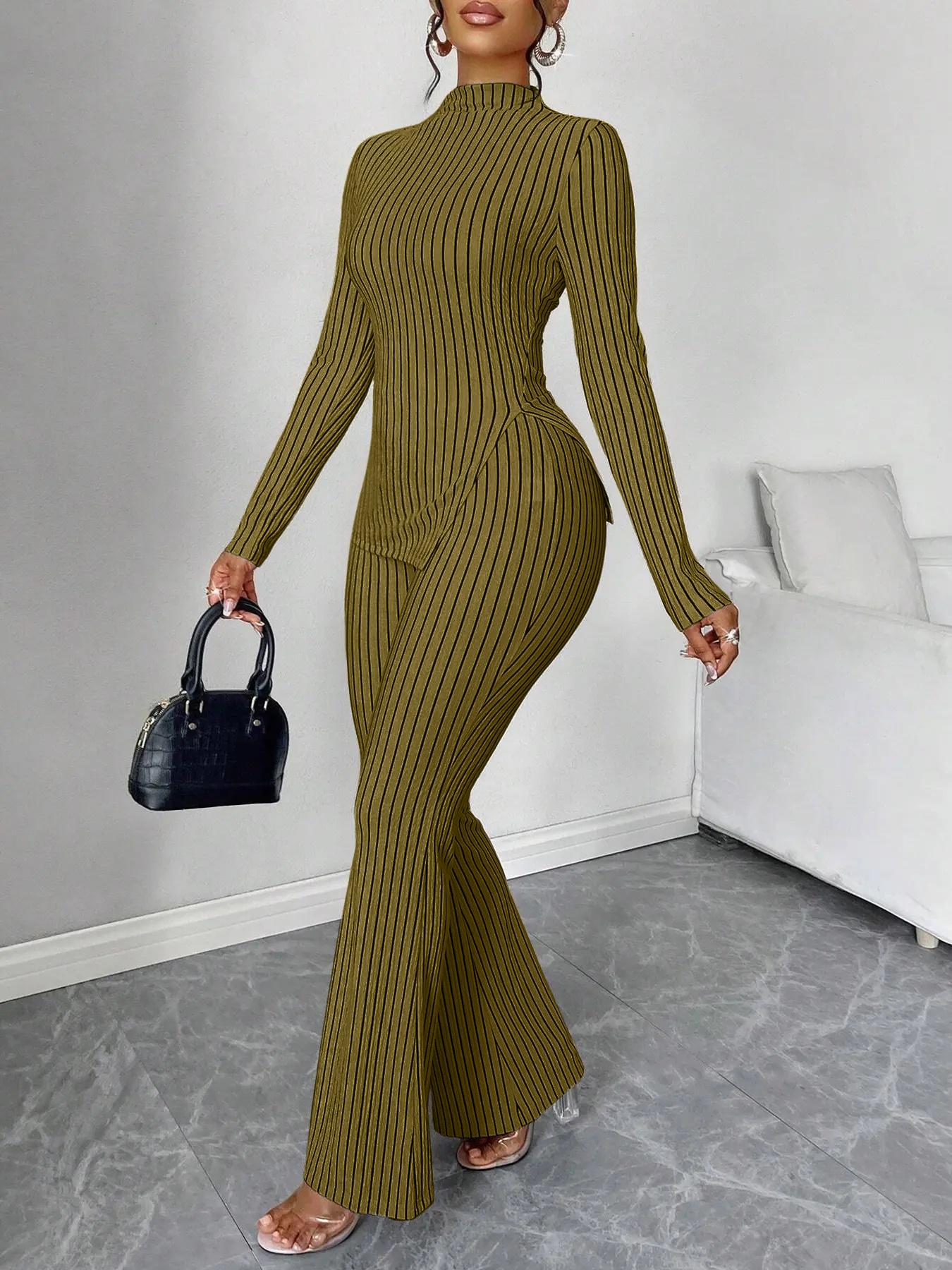 2-Piece Striped High Neck Split Hem Flared Pants Set, Casual for Women, Perfect for Spring and Fall, Comfortable Knit Fabric, Fashion Pants Set