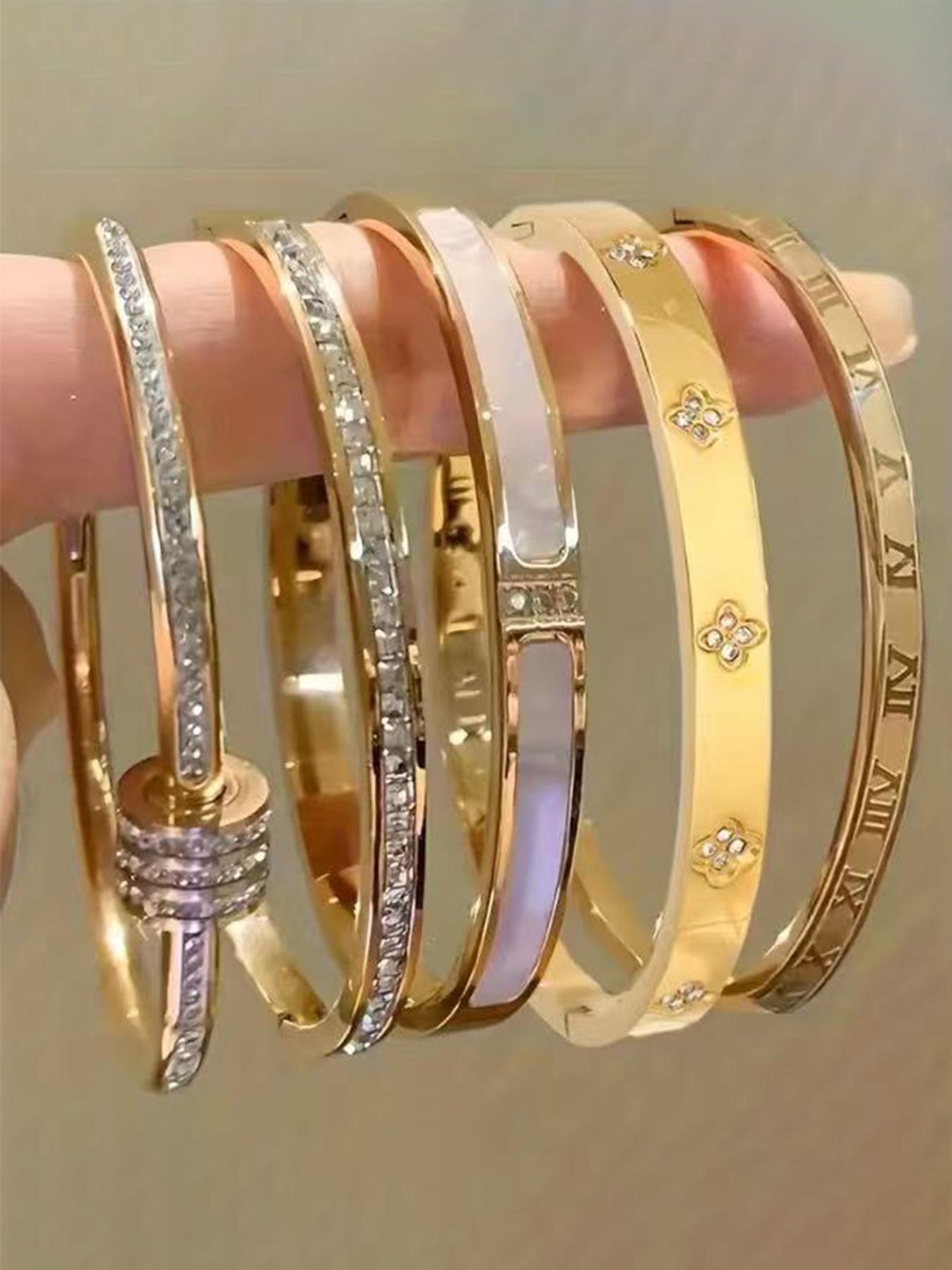 5-Piece Waterproof Titanium Steel Bracelet Set, Rhinestone Design, 18K Gold Plated, Versatile Bracelet, Unisex Elegant Jewelry, Stackable Bracelets, Fashion Bracelet 5-Piece Waterproof Titanium Steel Bracelet Set, Rhinestone Design, 18K Gold Plated, Versatile Bracelet, Unisex Elegant Jewelry, Stackable Bracelets, Fashion Bracelet