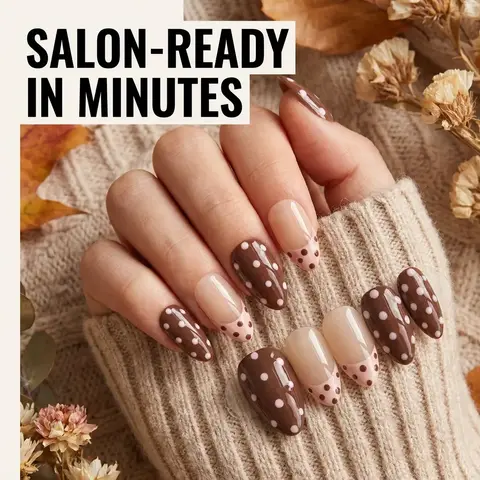 10 pcs short almond-shaped hand-pressed press-on nails, Brown nails Minimalist everyday nails Autumn press-on nails Glossy nails French tip nails Polka dot nails False acrylic nails Press-on acrylic nails Suitable for office ladies Everyday dates