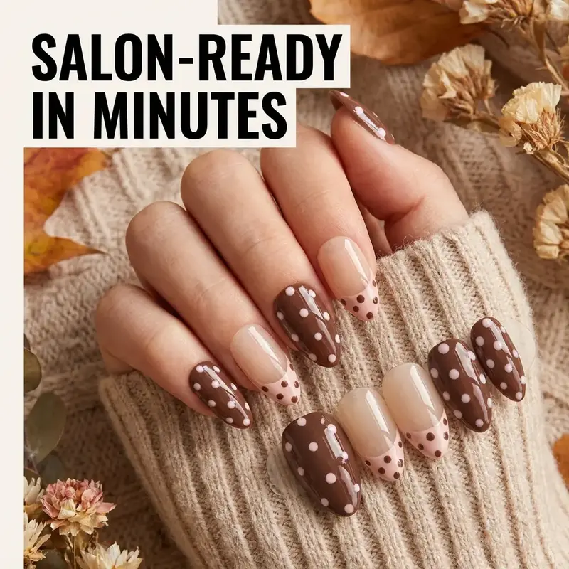 10 pcs short almond-shaped hand-pressed press-on nails, Brown nails Minimalist everyday nails Autumn press-on nails Glossy nails French tip nails Polka dot nails False acrylic nails Press-on acrylic nails Suitable for office ladies Everyday dates