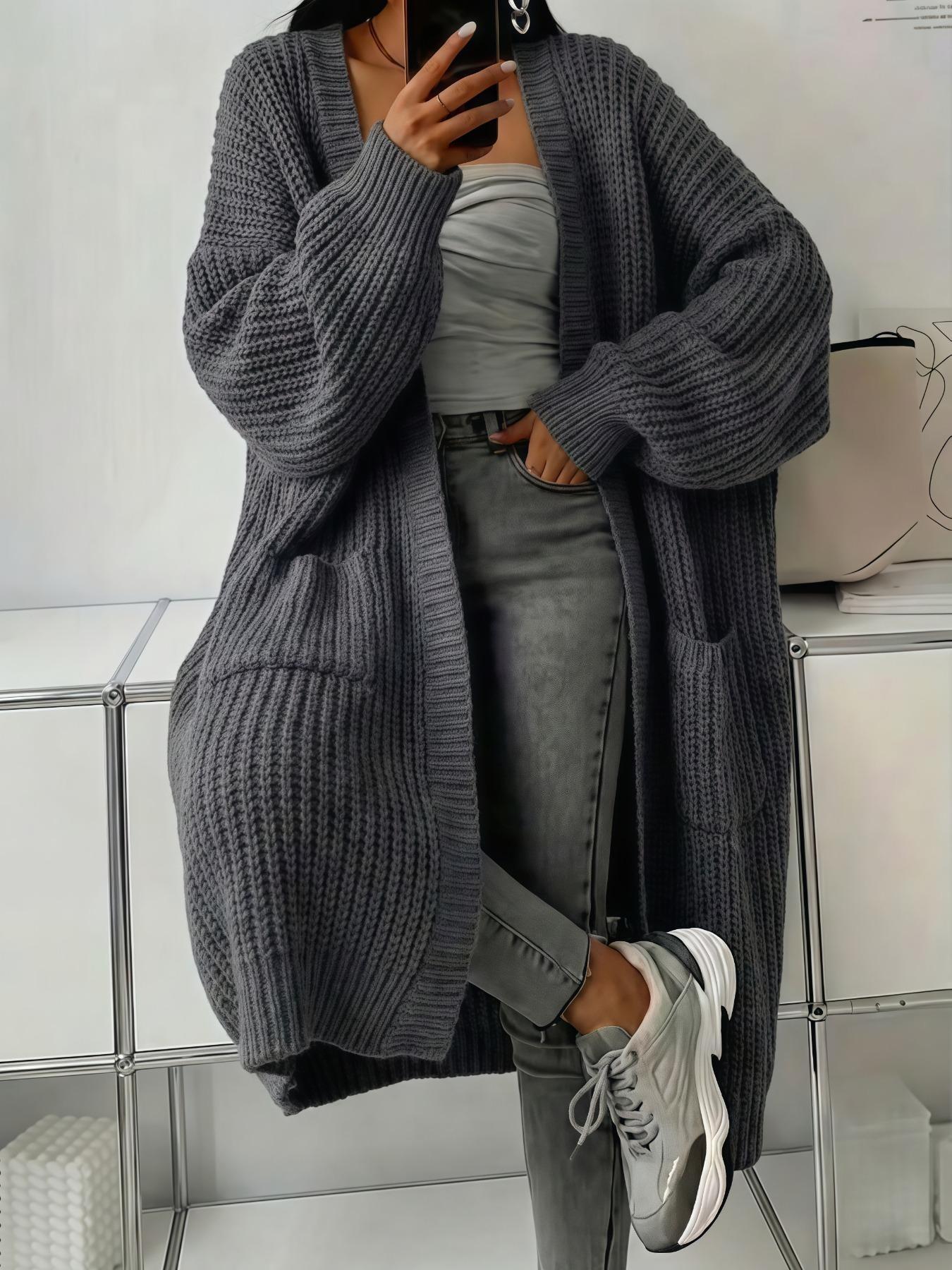Women's Oversized Y2K Long Knit Cardigan, Ribbed Knit Fabric with Pockets, Loose Fit, Perfect for Spring, Fall and Winter, Casual Layering Outerwear
