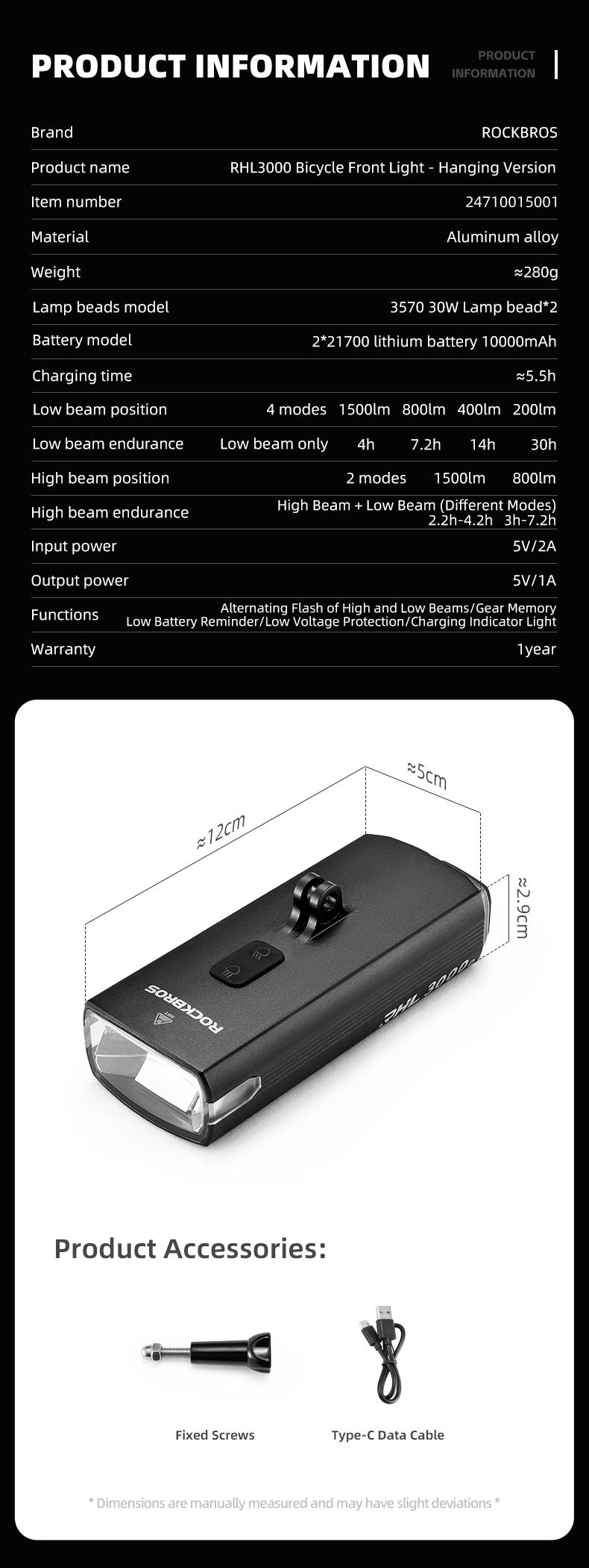 ROCKBROS 3000 Lumens USB-C Bike Light with 10000mAh Battery