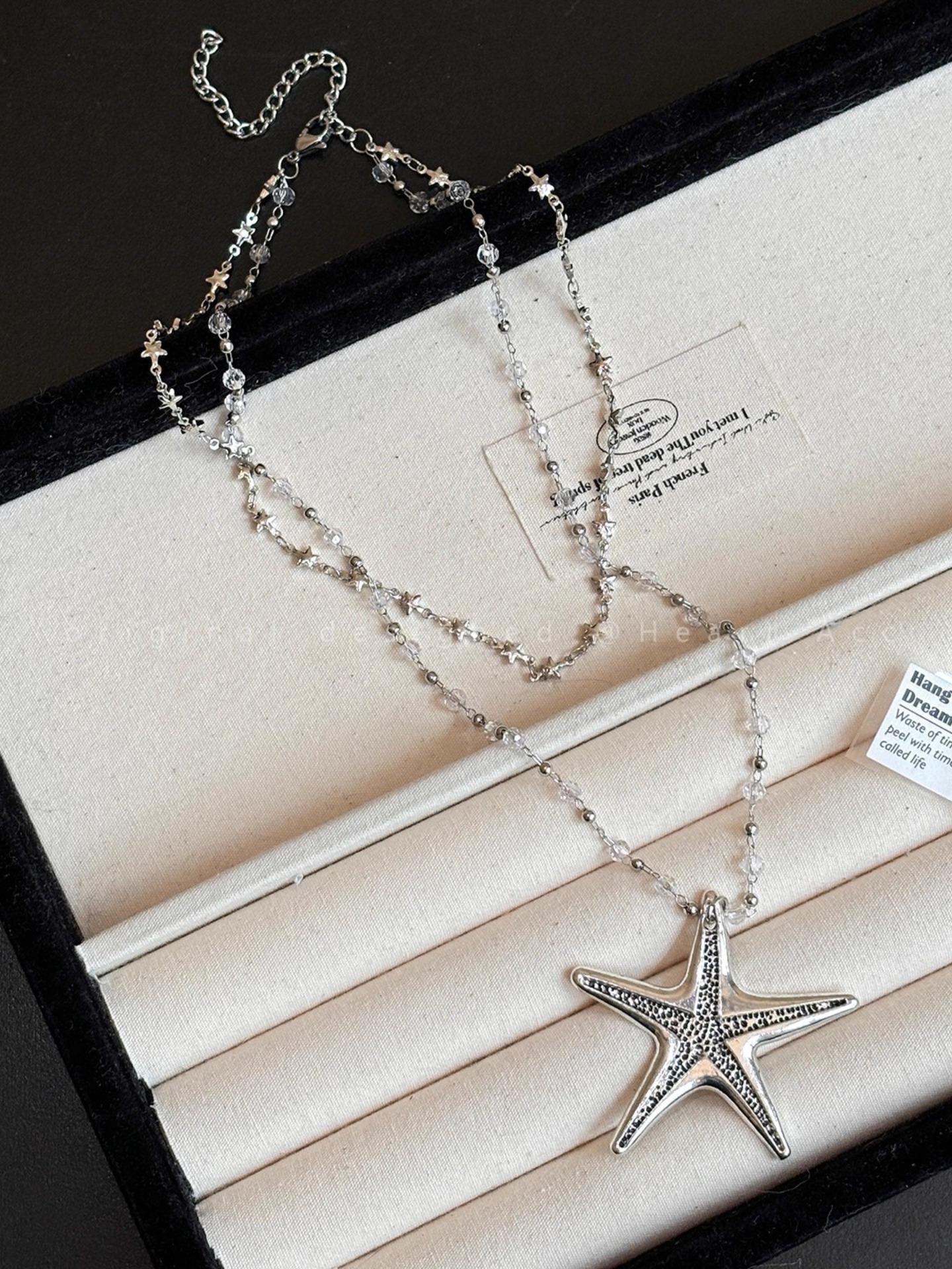 Y2K Trend Crystal Beaded Star Chain Sea Urchin Pendant Necklace, Vintage Long Design for Women, Perfect for Daily Wear & Parties, Starfish Necklace