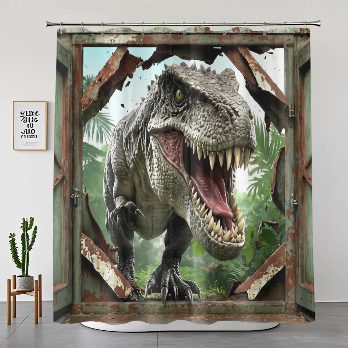 1/4pcs 3D T-Rex Dinosaur Shower Curtain Set Jurassic Wild Animal Breaking Wall Bathroom Decor Waterproof Fabric Washable Cool Boys Kids Room Accessories Aesthetic Home Styling