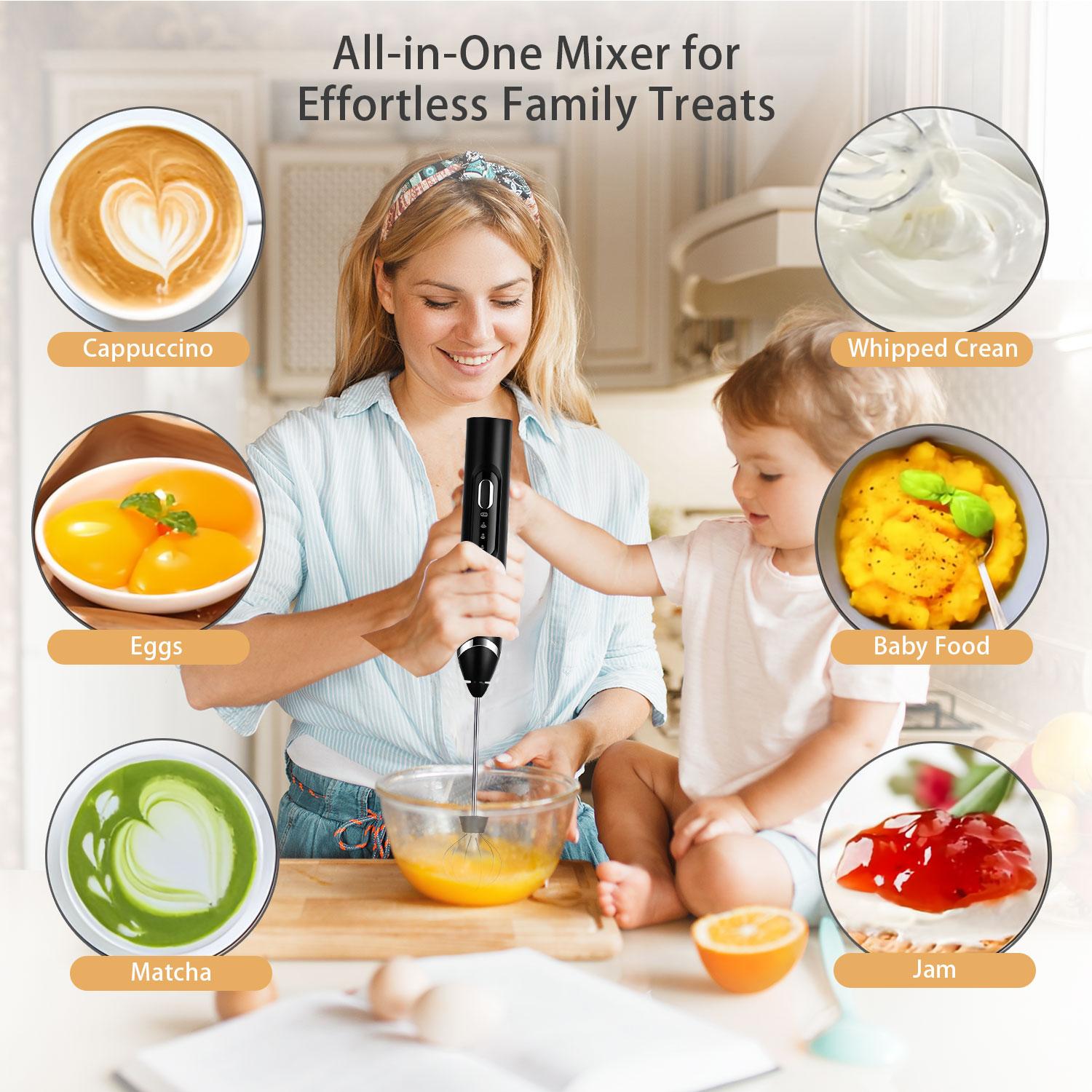 2026 Upgraded Rechargeable Milk Frother – Handheld Electric Coffee Mixer with 3 Whisks, 3 Speed Settings & Storage Stand | Versatile Drink Mixer for Juices, Prebiotic Powders, Lattes, Cappuccinos,coffee mixer, Matcha & Eggs (Black)– Christmas gift