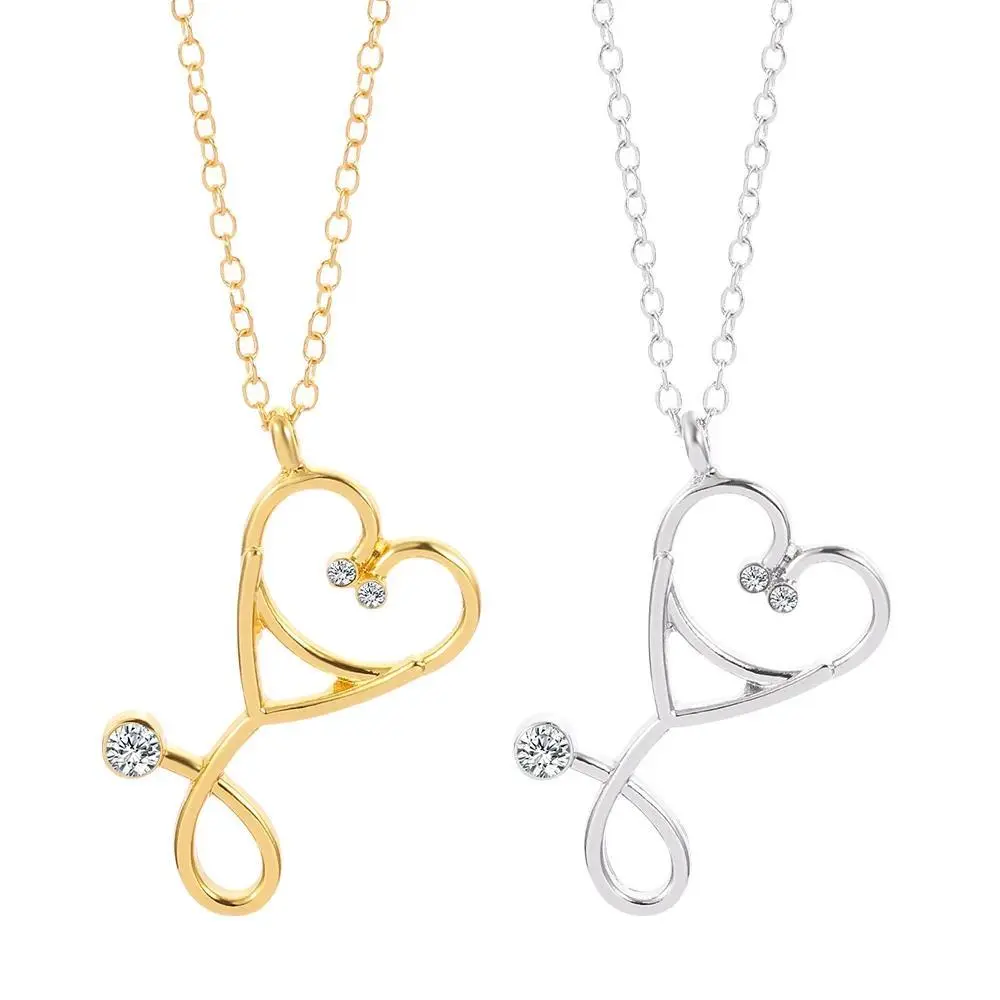 Gold Color Heart Stethoscope Pendant With Rhinestone Medical Necklace Jewelry Gifts for Doctor Nurse Graduation