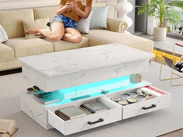 SEDETA 40-inch Faux Marble Rectangular Coffee Table with Drawers & LED Lights Living Room Furniture Foldable Height Adjustable Storage Compartment