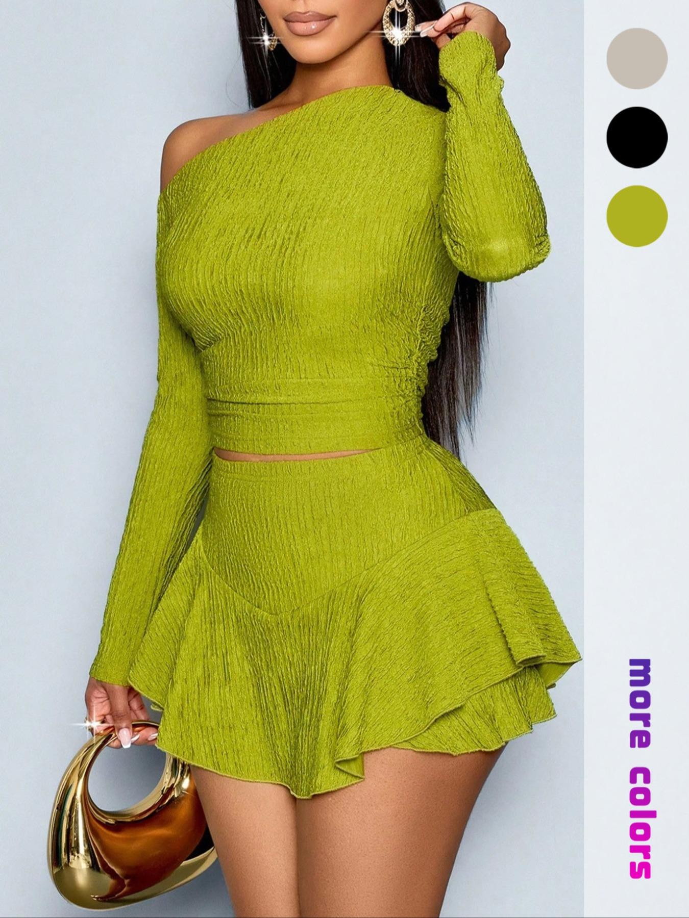 Women's One-Shoulder Asymmetrical Short Skirt Set, Sexy Slim Fit Fitted Nightclub Style, Perfect for Spring & Fall Seasons