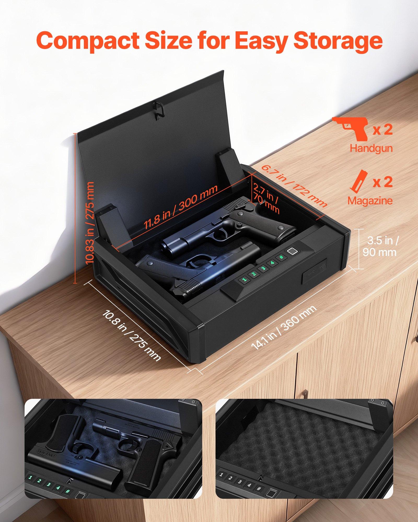 fathersdaygift VEVOR Gun Safe, Heavy Duty Handgun Safe with Fingerprint/Password/Key, 3-Way Quick Access Firearm Case Box with Lighting for 2 Pistols 2 Magazines, Pistol Gun Box for Nightstand Bedside Desk Car