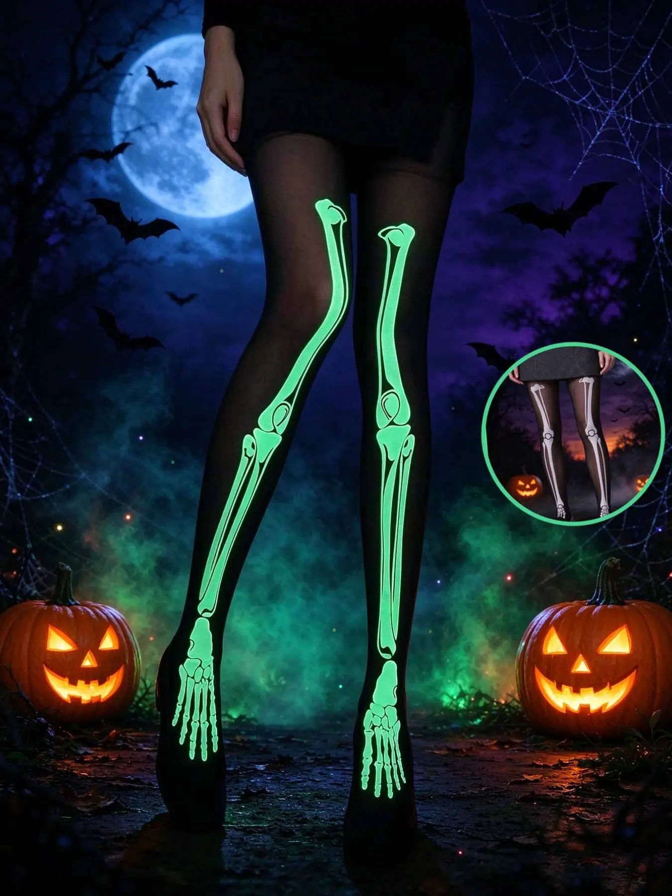 Halloween Glow-In-The-Dark Stockings, Fluorescent Velvet Pantyhose, Skull Print, High Elastic, Anti-Pill, Perfect for Parties and Role Play