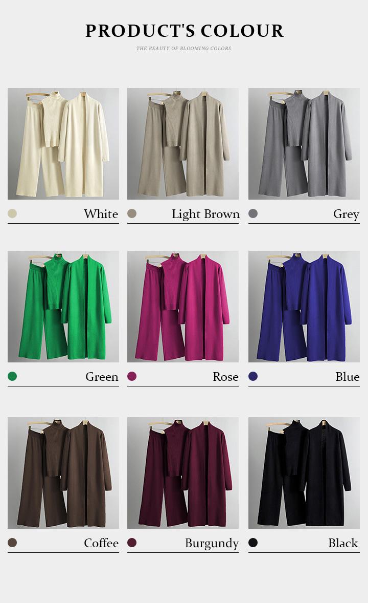 Trendy Knit Turtle Neck Tank & Wide Leg Trousers with Open-front Long Cardigan Three-piece Clothes Sets, Casual Womenswear, Long Sleeve