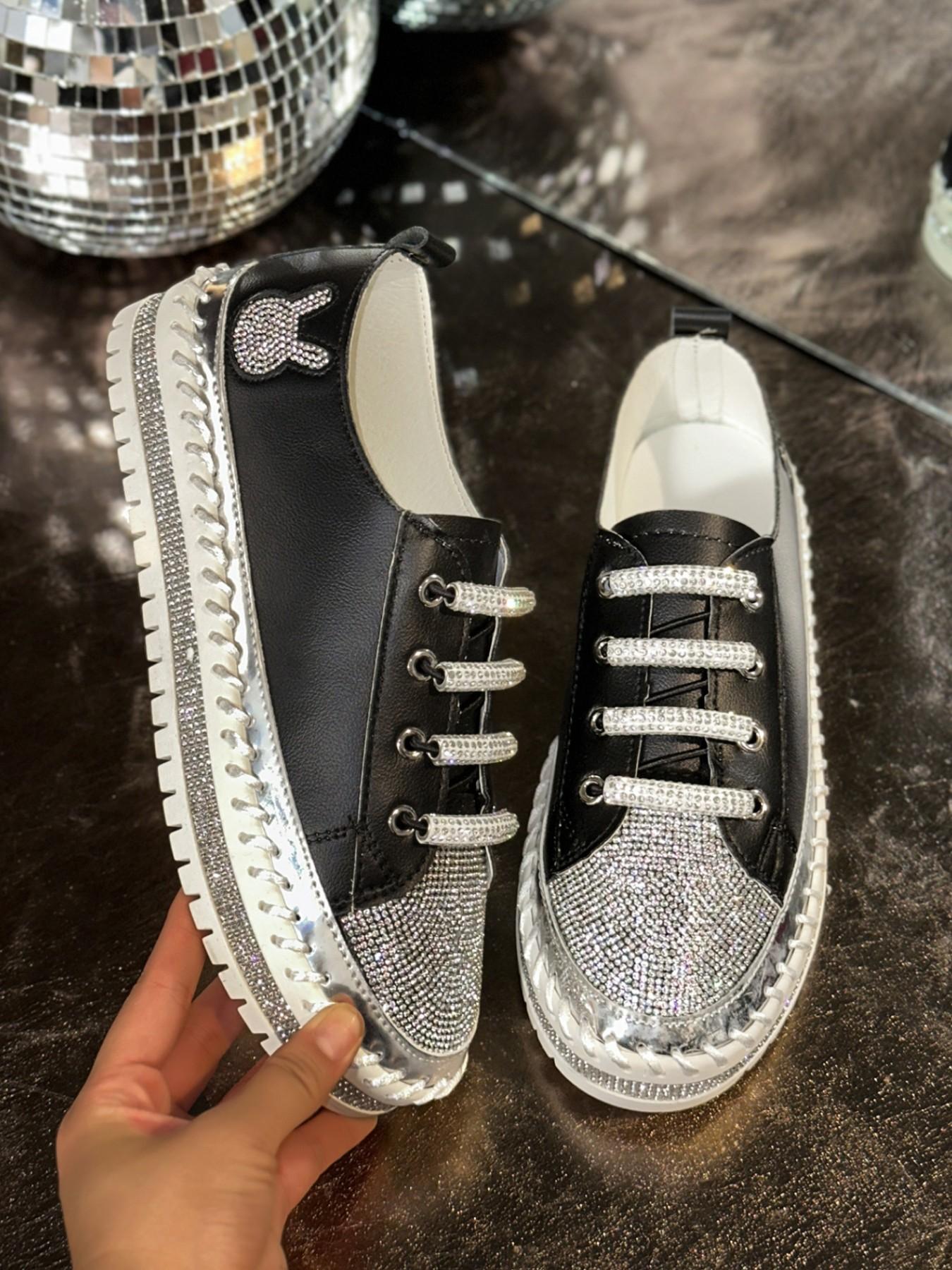YYW1 Shiny Silver Color Sequins Casual Shoes Footwear Women, Lace-Up Chunky Sole Canvas Sneakers, Perfect Dating and Shopping, Walking Shoes