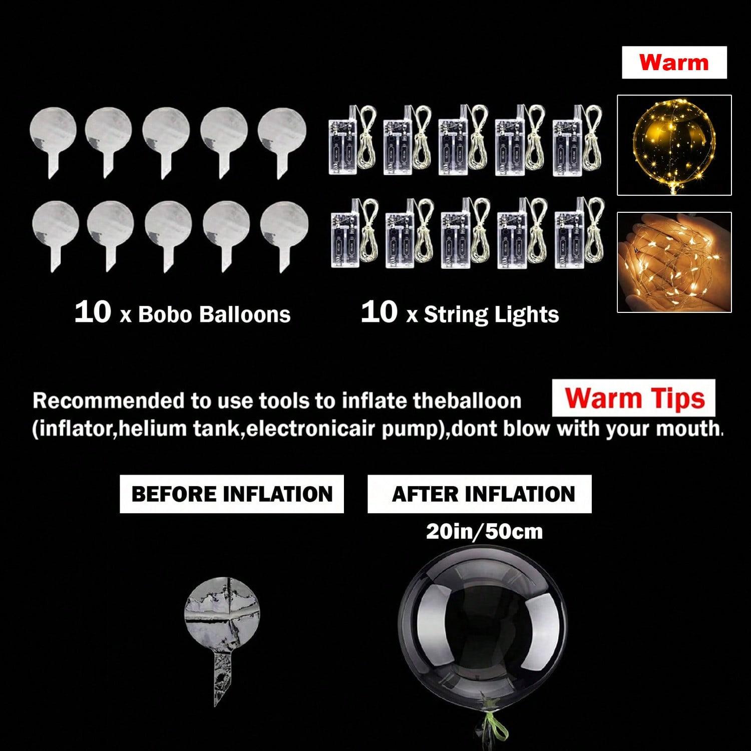 10/20 PCS 20 Inch Clear Bobo Balloons with Warm LED String Lights, Transparent Helium Bubble Balloons for Valentine's Day, Halloween, Christmas, Weddings and Birthday Party Decorations