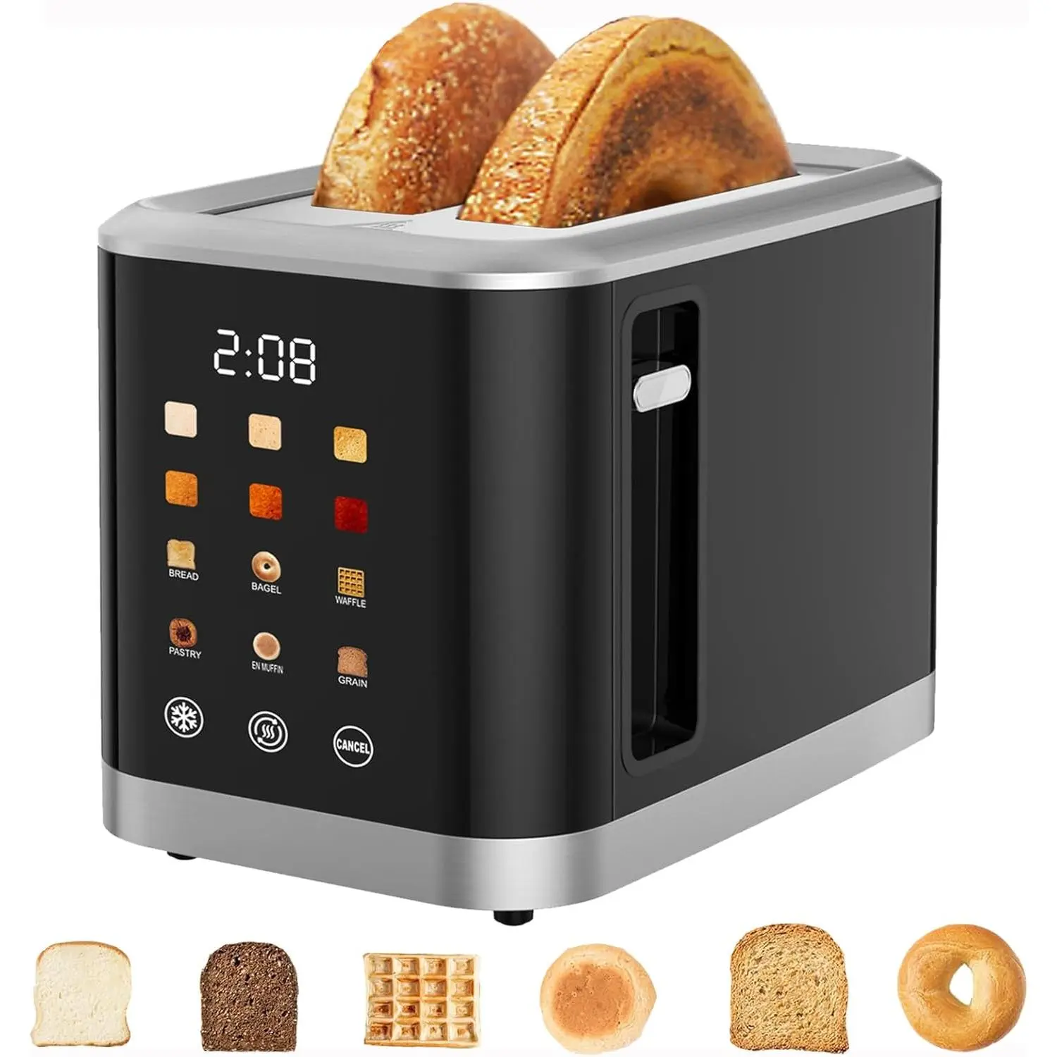 Slice Digital Touchscreen Kitchen Toaster - Kitchen Appliances, 2-800W Power, 120V Corded US Plug, 6 Bread Types, 6 Shade Settings, Extra Wide Rectangular Slots, Bagel, Defrost Mode, Reheat & Cancel Modes, Countertop Household Appliance, Sohochic