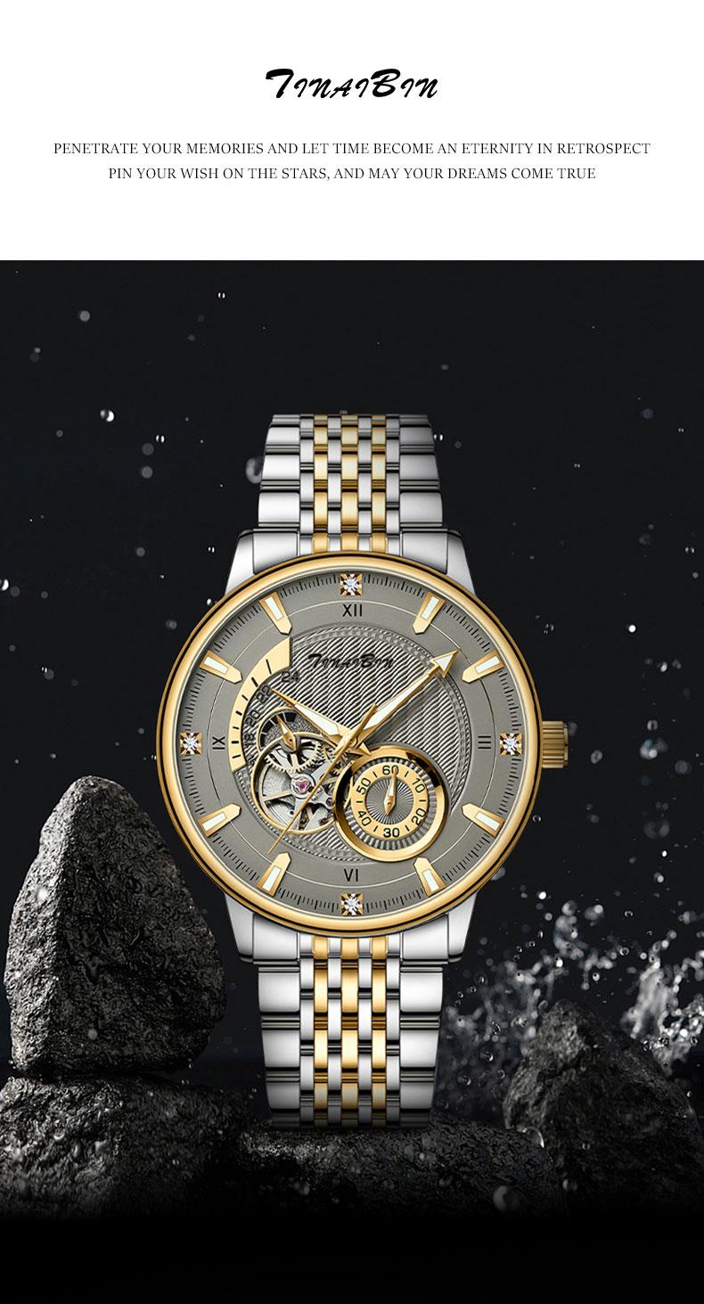 TINAIBIN Men's Diamond Business Formal Pointer Automatic Mechanical Watch Stainless Steel Waterproof Luminous Two-color Luxury Casual Watch