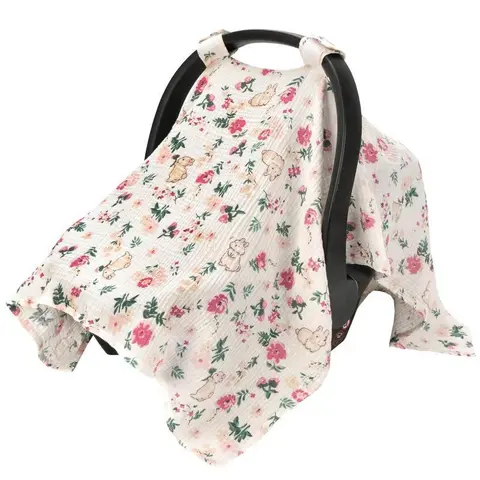 Floral Bunny Print Cotton Muslin Private Stroller Sunshade - Soft, Breathable, Fade-Resistant Canopy, Windproof Cover, Dust Guard, Machine Washable All-Seasons Sports & Outdoor Accessory
