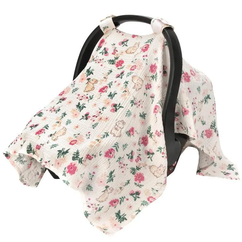 Floral Bunny Print Cotton Muslin Private Stroller Sunshade - Soft, Breathable, Fade-Resistant Canopy, Windproof Cover, Dust Guard, Machine Washable All-Seasons Sports & Outdoor Accessory