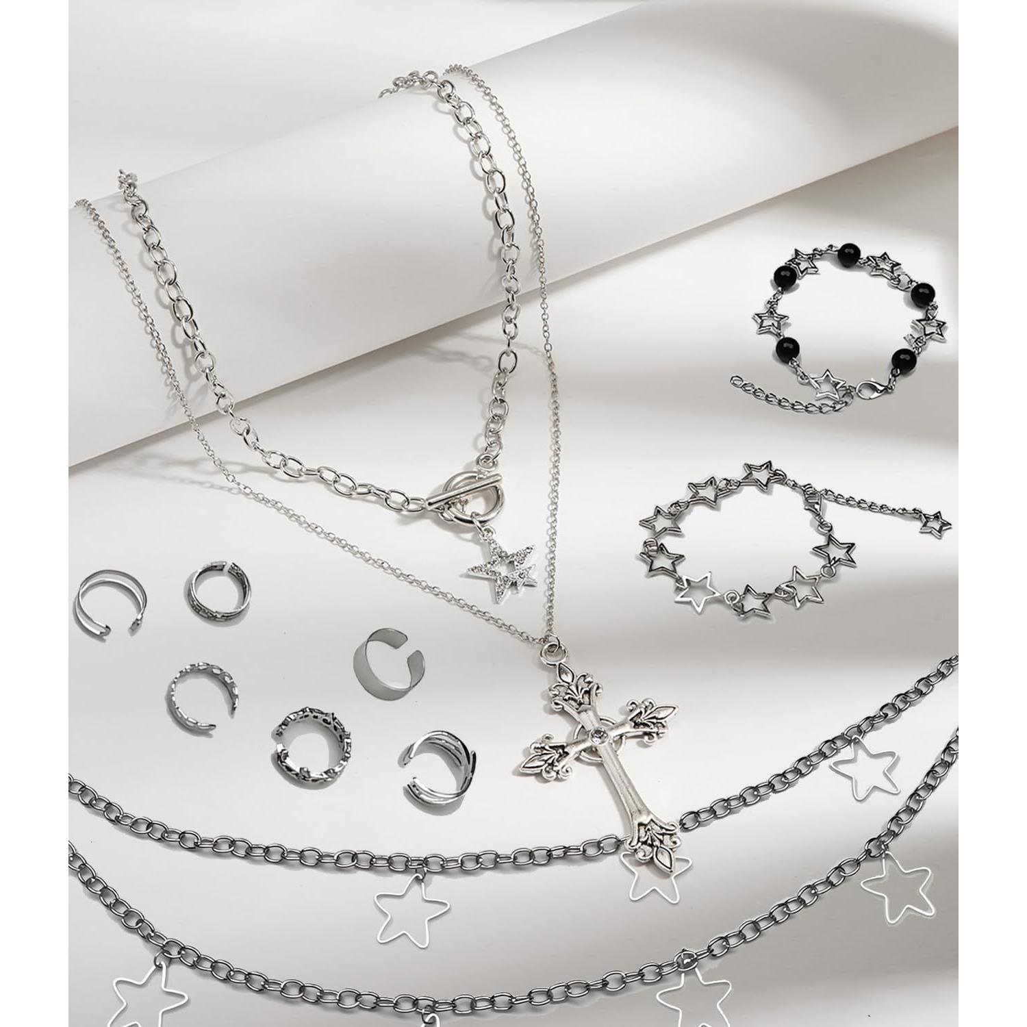 12 count Y2k Accessories Set Grunge Layered Necklace, 3  Chains with 6 Rings    for Women